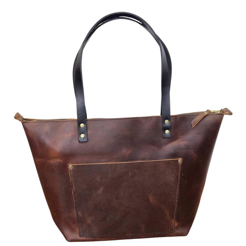 Portland Leather Goods Zip Top Tote Rustic Leather Shoulder Bag Pocket 18x12 Lg
